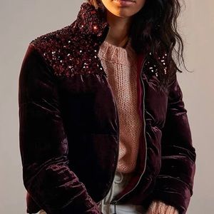 New Anthropologie Vera Sequined Velvet Puffer Jacket M